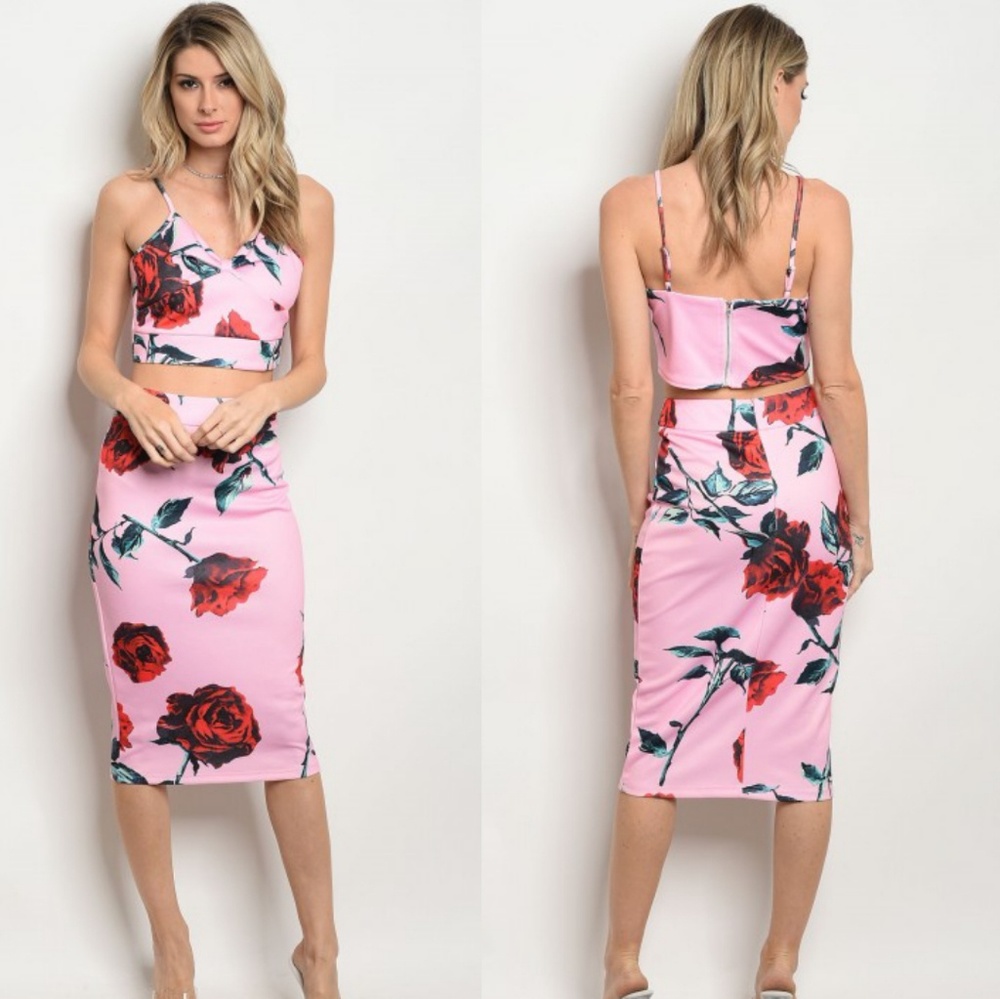 PINK RED FLORAL TOP & SKIRT SET